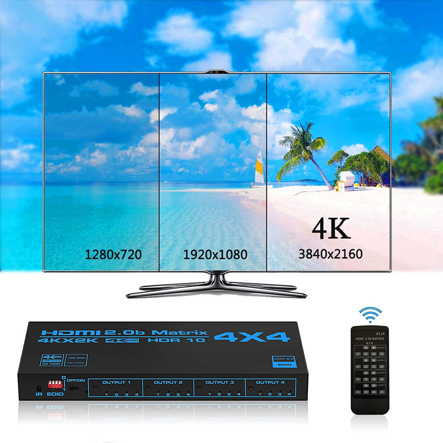 Conmutador de Matriz HDMI 4X4,Conmutador/Distribuidor HDMI 4K@60Hz 4 entradas 4 Salidas,Divisor de Video con Control Remoto IR y Extractor de Audio EDID