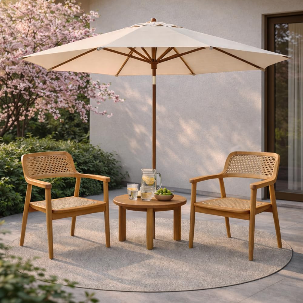 Set 2 Sedie da Giardino in Legno Teak con Braccioli MALACCA | Seduta e Schienale in Rattan | Design Nordic Japandi Outdoor | Poltrona da Esterno per Terrazzo Balcone | 58 x 59 x 83cm