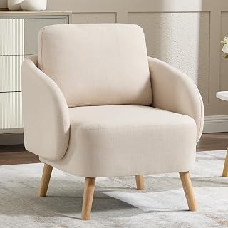 ANJ Premium Linen Accent Chair with Curved Arms, Mid-Century Modern Upholstered Armchair with Overstuffed Backrest for Living Room,Beige