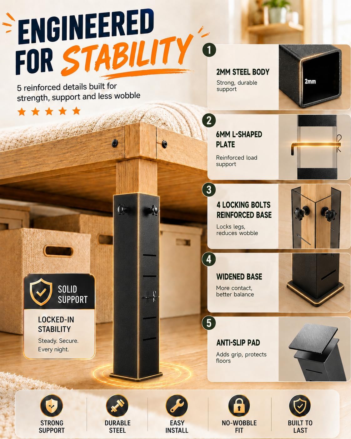 Metal Bed Risers for Dorm, 5-Level Adjustable Bed Risers Heavy Duty | Extra Tall Dorm Bed Extenders Rise 4/6/8/10/12 in for Twin XL Bed, Fits Legs Up to 3'' Wide, Thickened Steel Widened Base