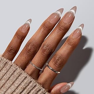 Medium Almond Press on Nails French Full Cover False Fake Nails Press ons Cat Eye Stick on Nail Nude Glitter Acrylic Fake Nail Shiny Artificial 24Pcs Reusable for Women
