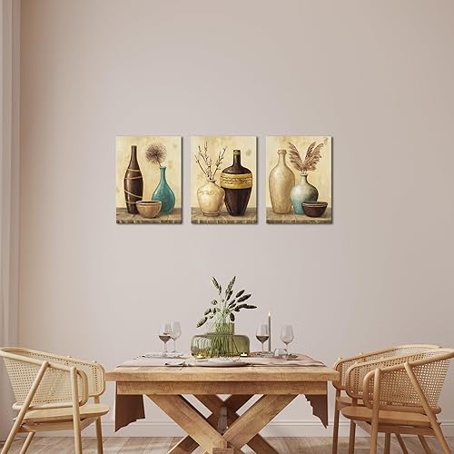 Miniatura 2 de sechars Arte de pared vintage con florero, flores de granja, pintura de hierba de las pampas, lienzo, cuadros de lienzo, arte estético retro marrón,