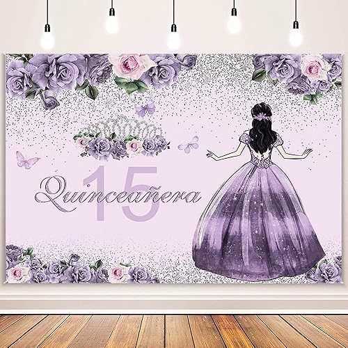 Miniatura 2 de Telón de fondo de quinceañera de 7 x 5 pies, corona dorada, vestido floral morado, corona de princesa, fondo de fotografía, fiesta de cumpleaños 15,