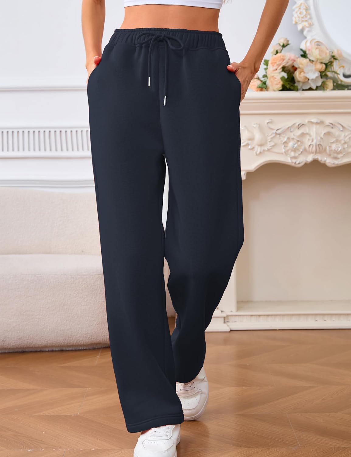 Women's Fleece Lined Sweatpants High Waisted Drawstring Cozy Baggy Straight Leg Pants with Pockets - Image 2