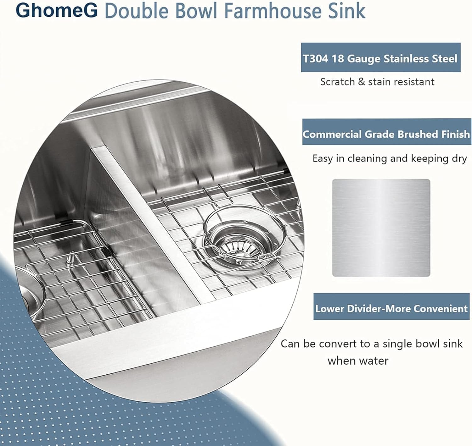 33 Inch Farmhouse Sink Double Bowl 33x21 Inch Stainless Steel Apron Front Workstation Low Divide 60/40 Double Basin 16 Gauge Kitchen Sink