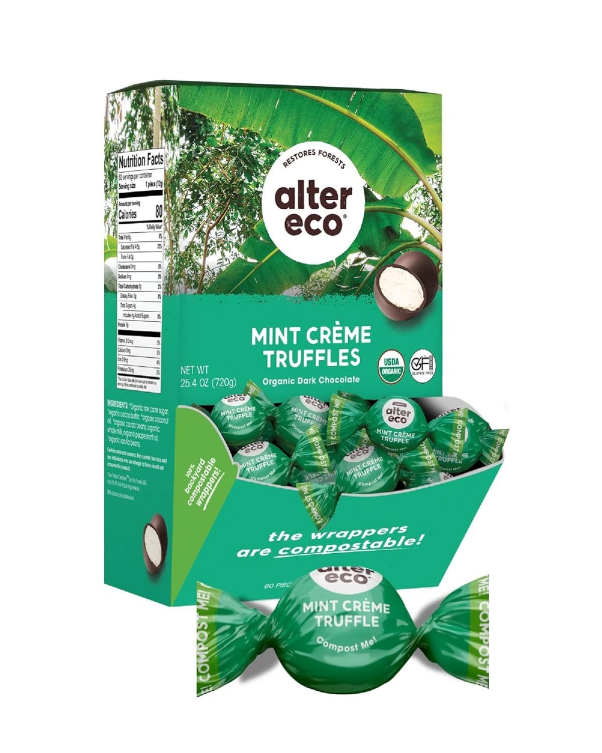 Alter Eco | Mint Creme Truffles | 58% Pure Dark Cocoa, Fair Trade, Organic, Non-GMO, Gluten Free Dark Chocolate Truffles | 60 Truffles