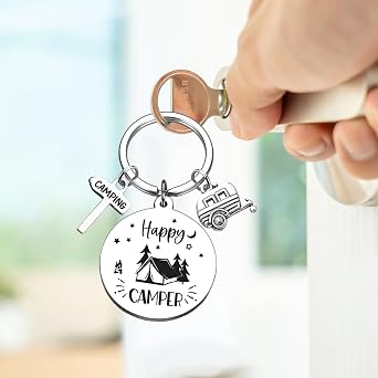 Camper Keychain Gifts for Women Men - RV Accessories for Camp Lovers Travel, Happy Camping Keyring for Family Travelers