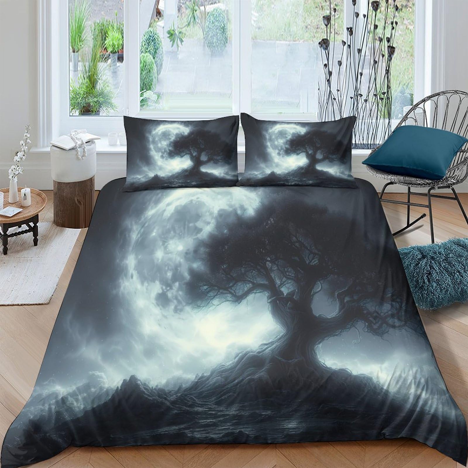 GPLZQXKJNH 3D Printed Moonlit Tree Duvet Cover Set Microfiber Soft Breathable Night Forest Bedding Set with 2 Pillowcases for Bedroom Decor Single（135x200cm）