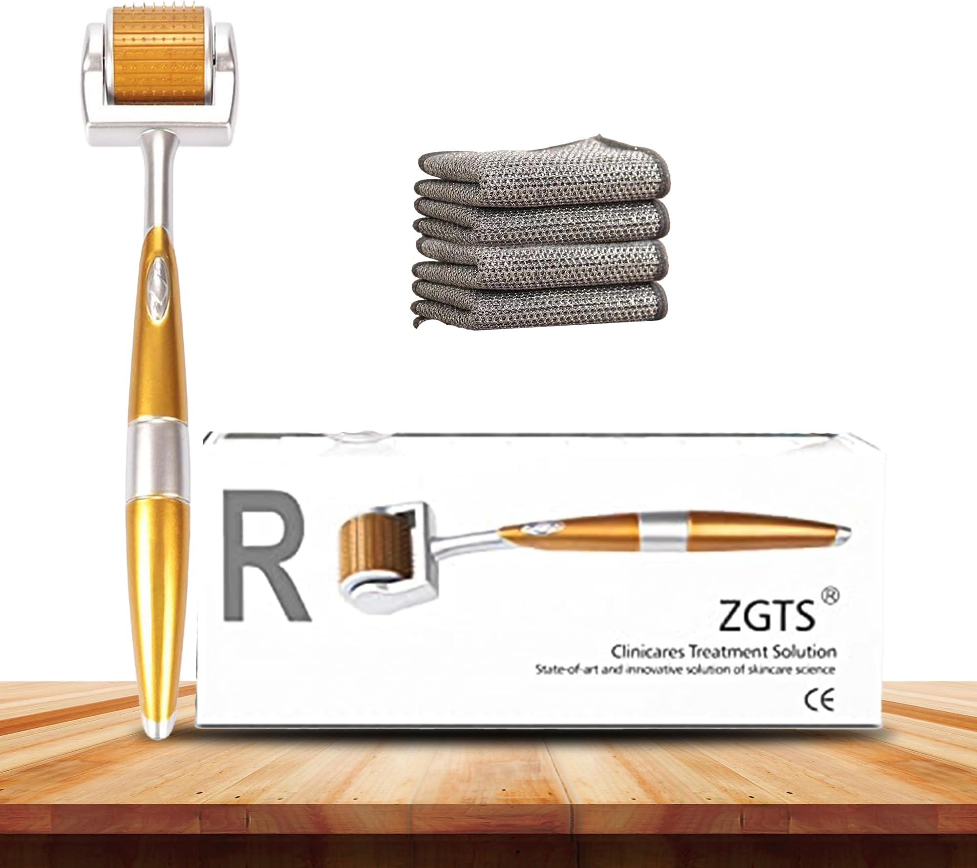 ZGTS Derma Roller 0.5mm Combo with Ultimate Kitchen Cleaning Set – Titanium Dermaroller for Hair Regrowth & Beard Growth with Non-Scratch Microfiber & Stainless Steel Scrub Cloths (Pack of 4)