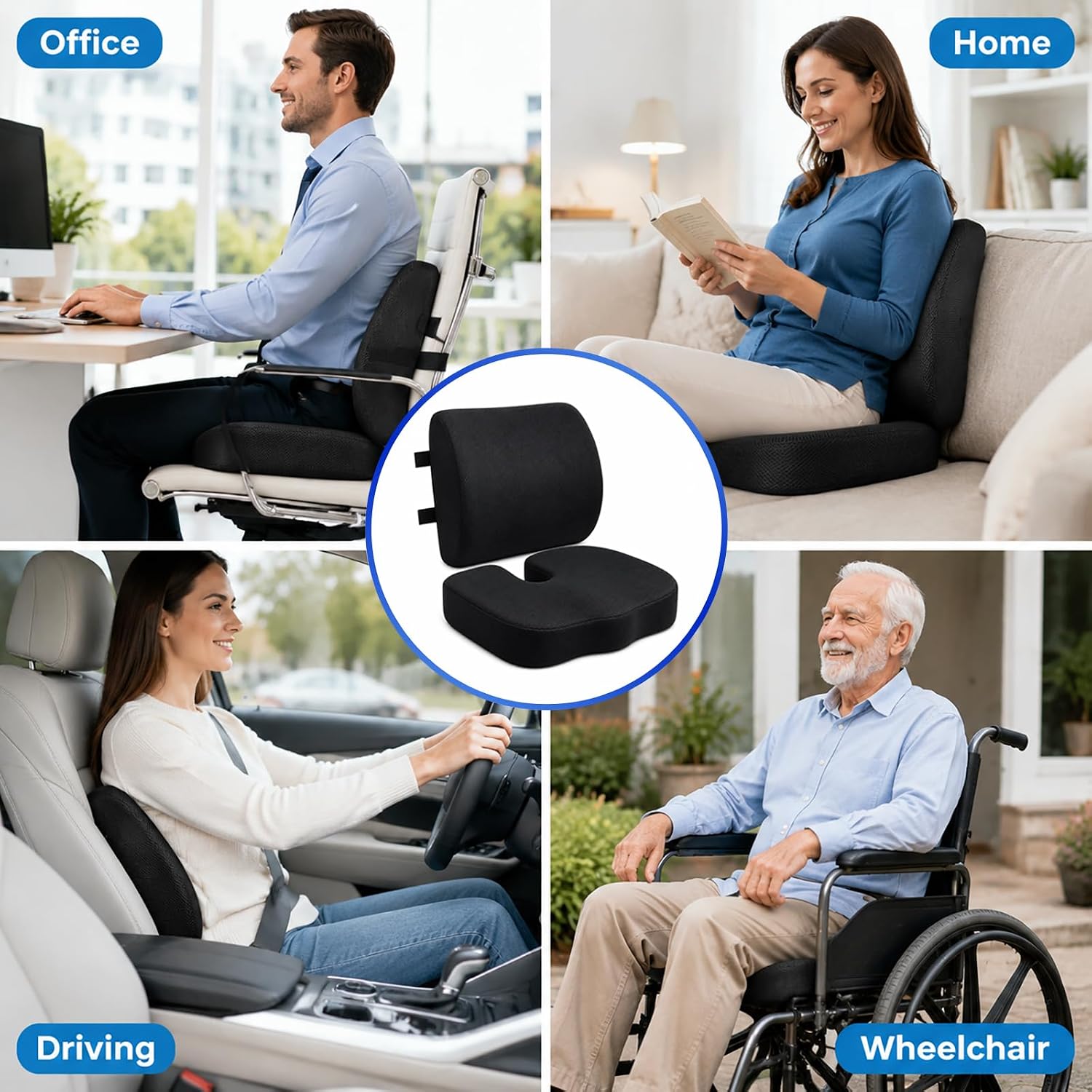 Ergonomic Seat Cushion & Lumbar Support Pillow for Office Chair, Memory Foam Seat Cushions for Tailbone Pain Relief, Sciatica & Lower Back Support for Desk Chair Car Home, Washable, Non Slip