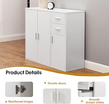 Panana Sideboard Storage Cupboard Cabinet Unit with Doors and Drawers Living Room Bedroom Furniture (White)