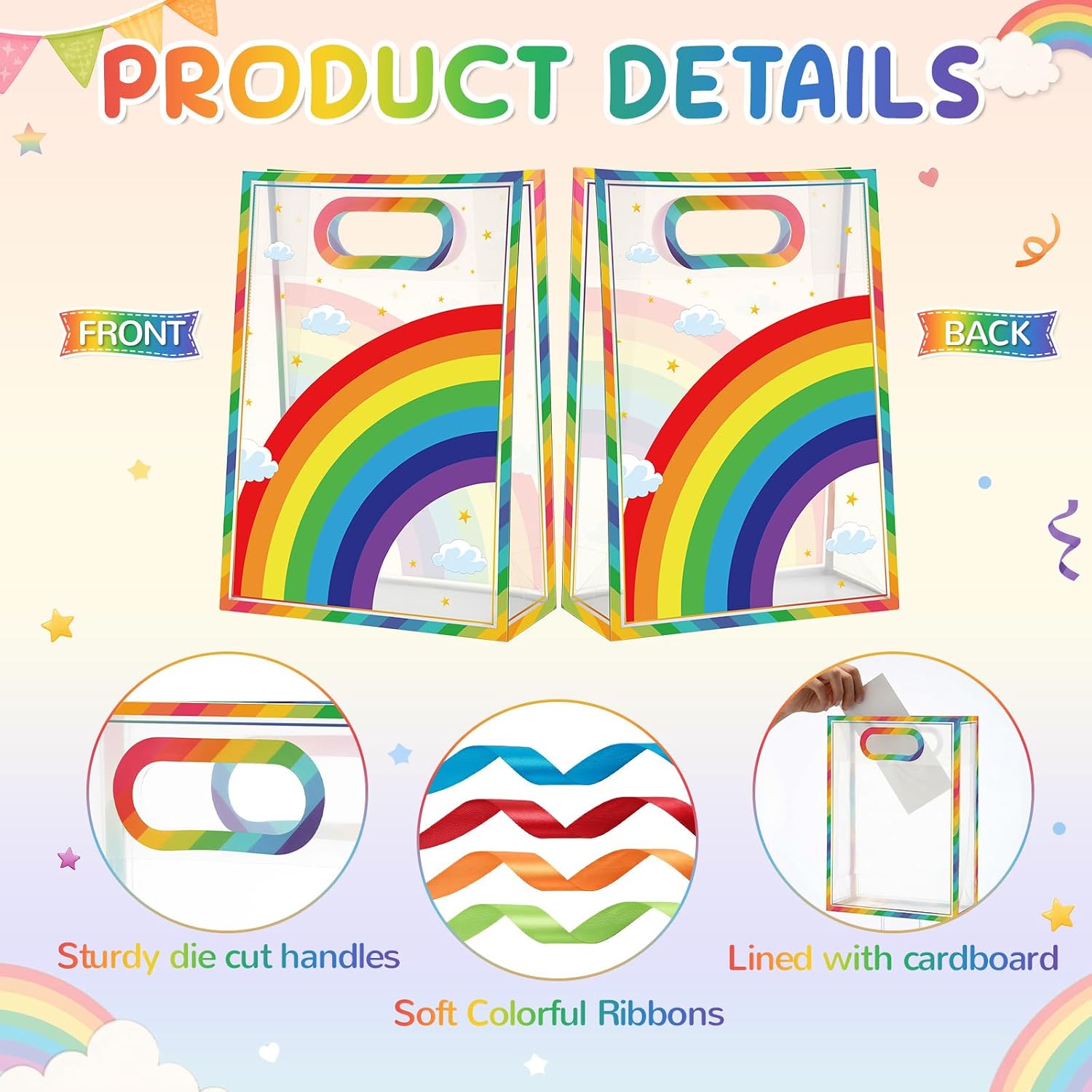 Aliceset 12 Pcs Rainbow Gift Bags with Handle Colorful Ribbon, 10x7x3.15'' image 3