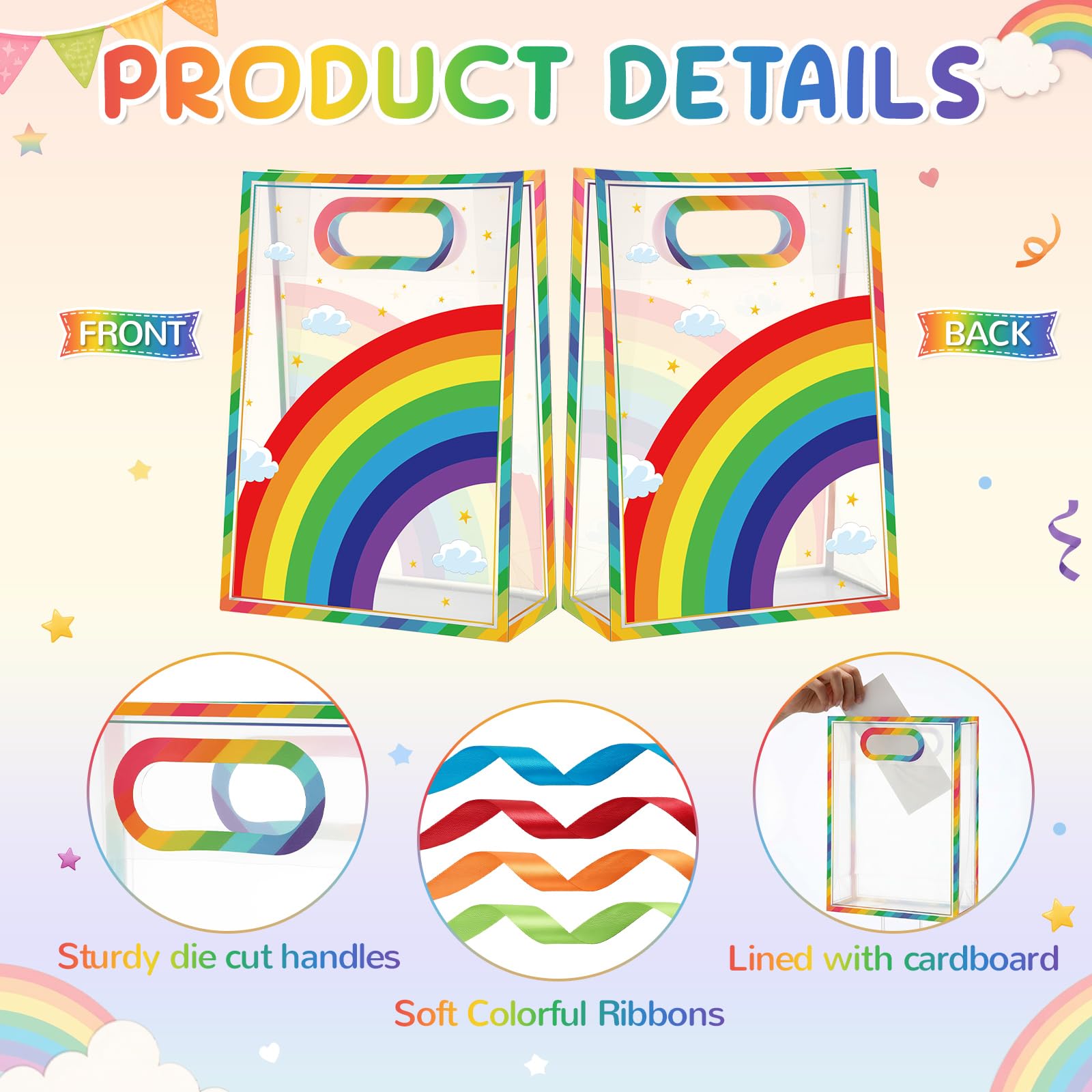 Aliceset 12 Pcs Rainbow Party Clear Goodie Bags with Handles Rainbow Theme Favor Bags with Ribbon Colorful Wrapping for Birthday Gay Pride Baby Shower Candy Snack Treat Wrapping Supplies, 10x7x3.15''