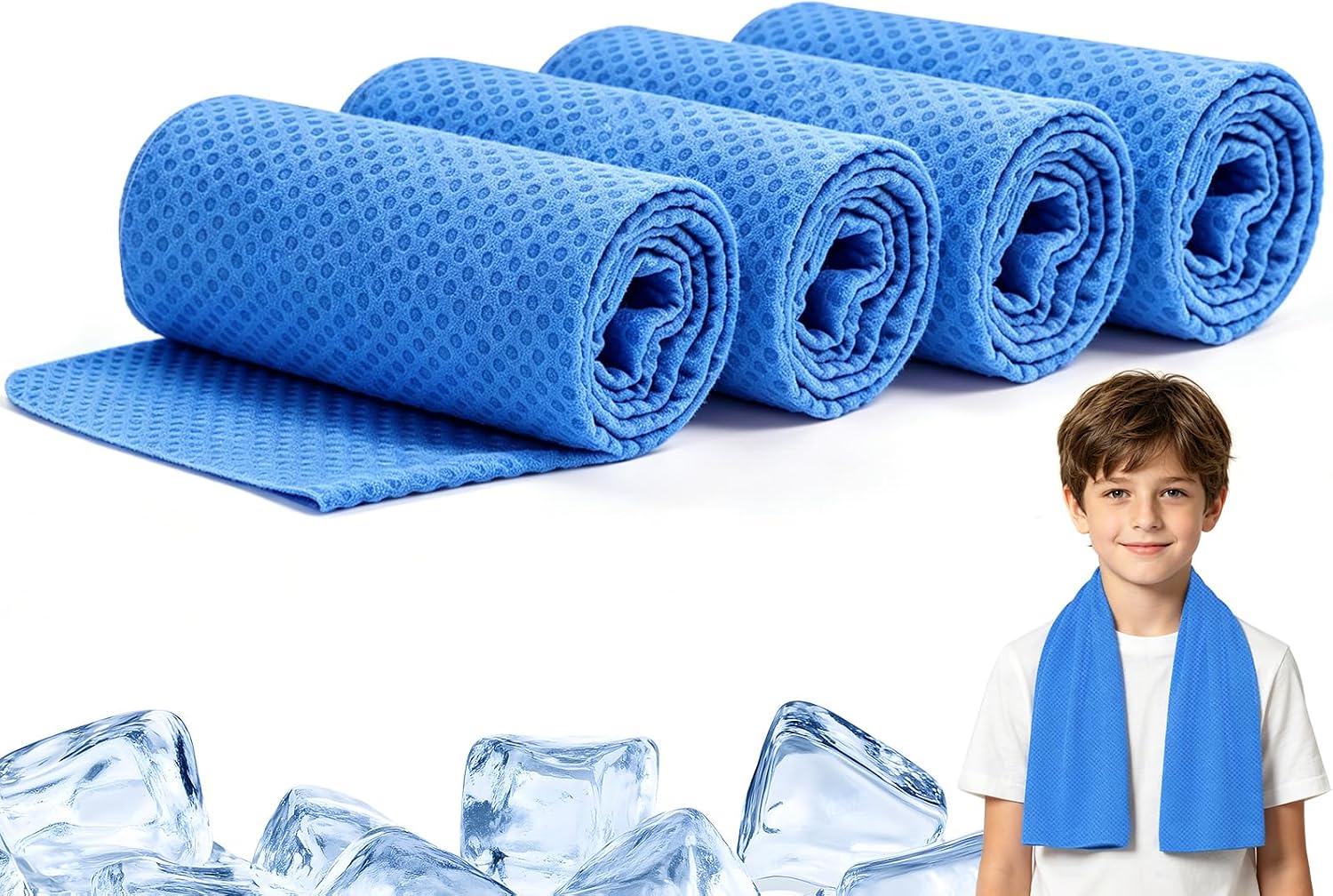 BobbleT Kids PVA Cooling Towels 4 Pack (30"x9") - Mini Instant Ice Cooling Towels for Neck & Face with UPF 50+ Sun Protection, Reusable Summer Heat Relief for Outdoor Activities, Blue