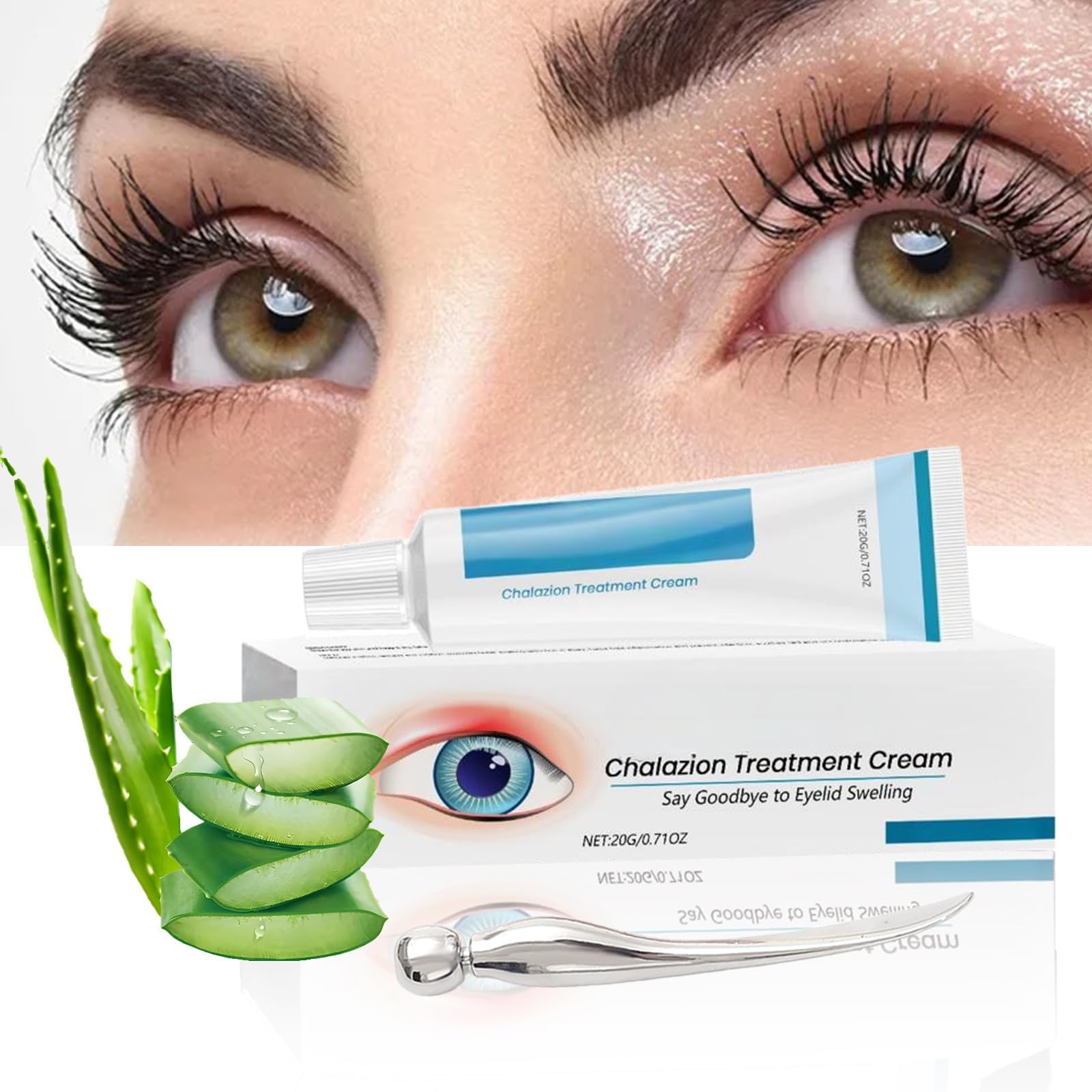 2PCS Chalazion & Blepharitis Eyelid Care Cream with Massage Wand, Gentle Soothing Eye Area Moisturizer for Sensitive Skin, Vegan Formula with Aloe Vera & Vitamin E, 20g Gel (Eye Cream)