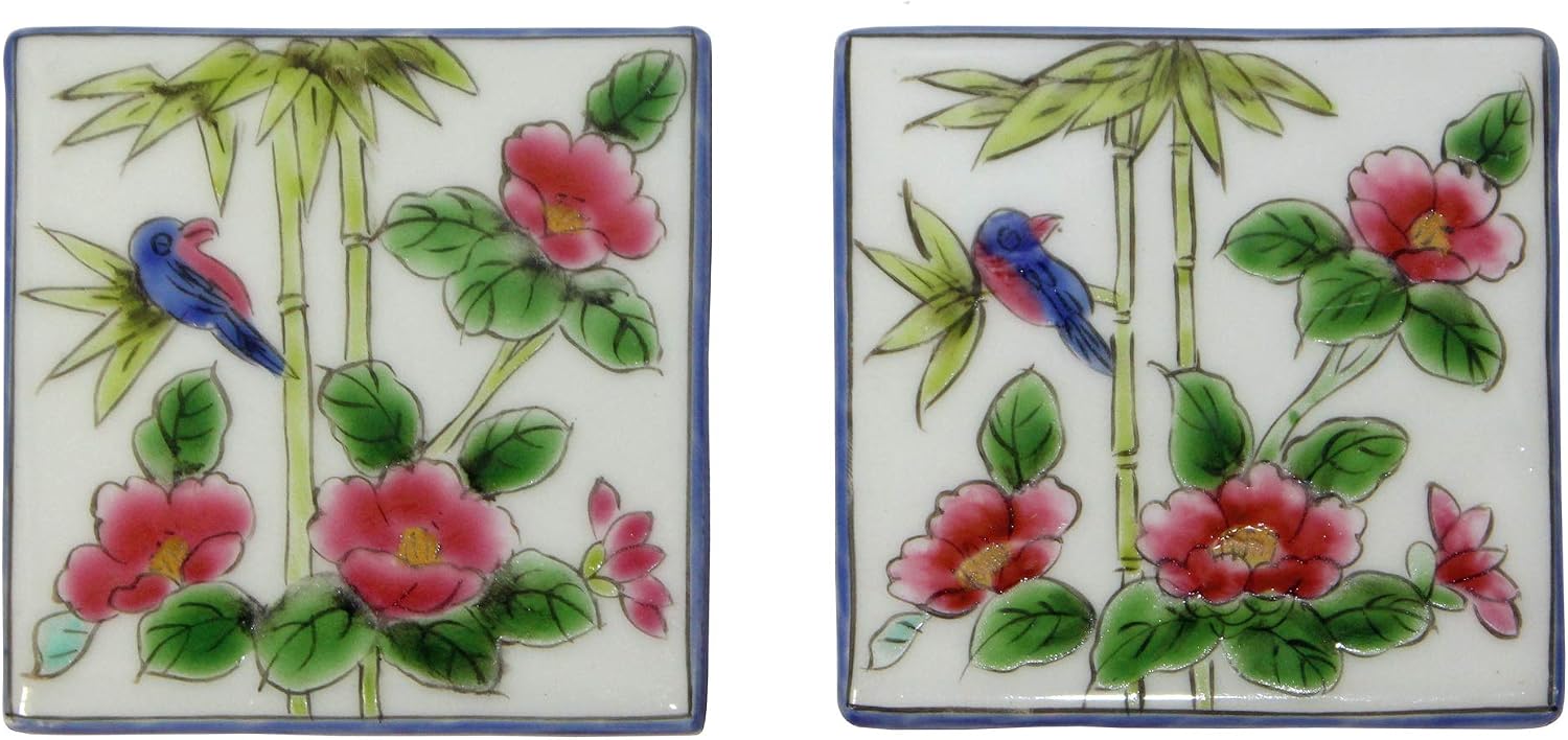 Hand Painted Flower Graphic Square Porcelain Coaster/Tile 2 Pcs Aws673