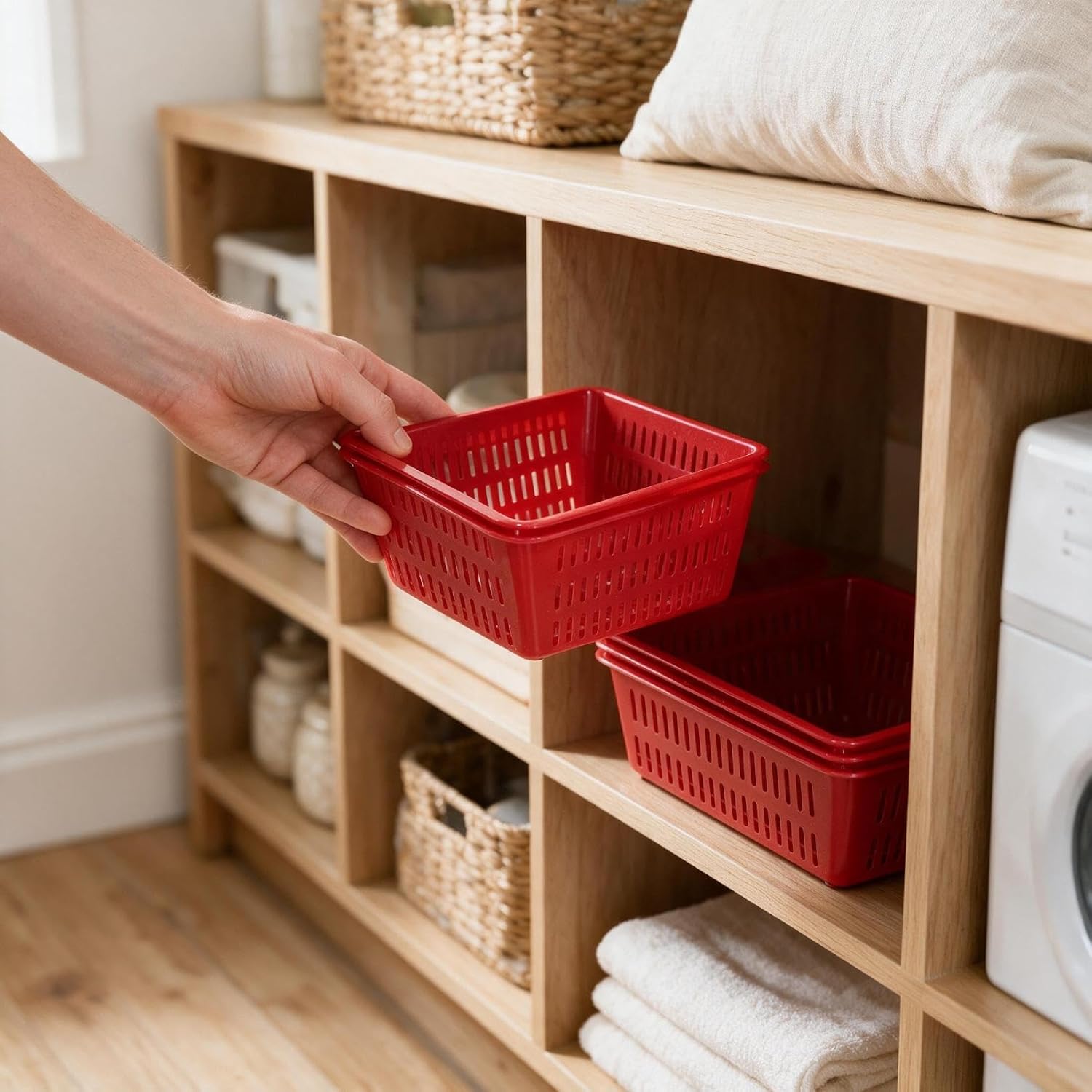 ibasenice 3 Pack Small Plastic Storage Baskets, Red Organizer Bins image 3