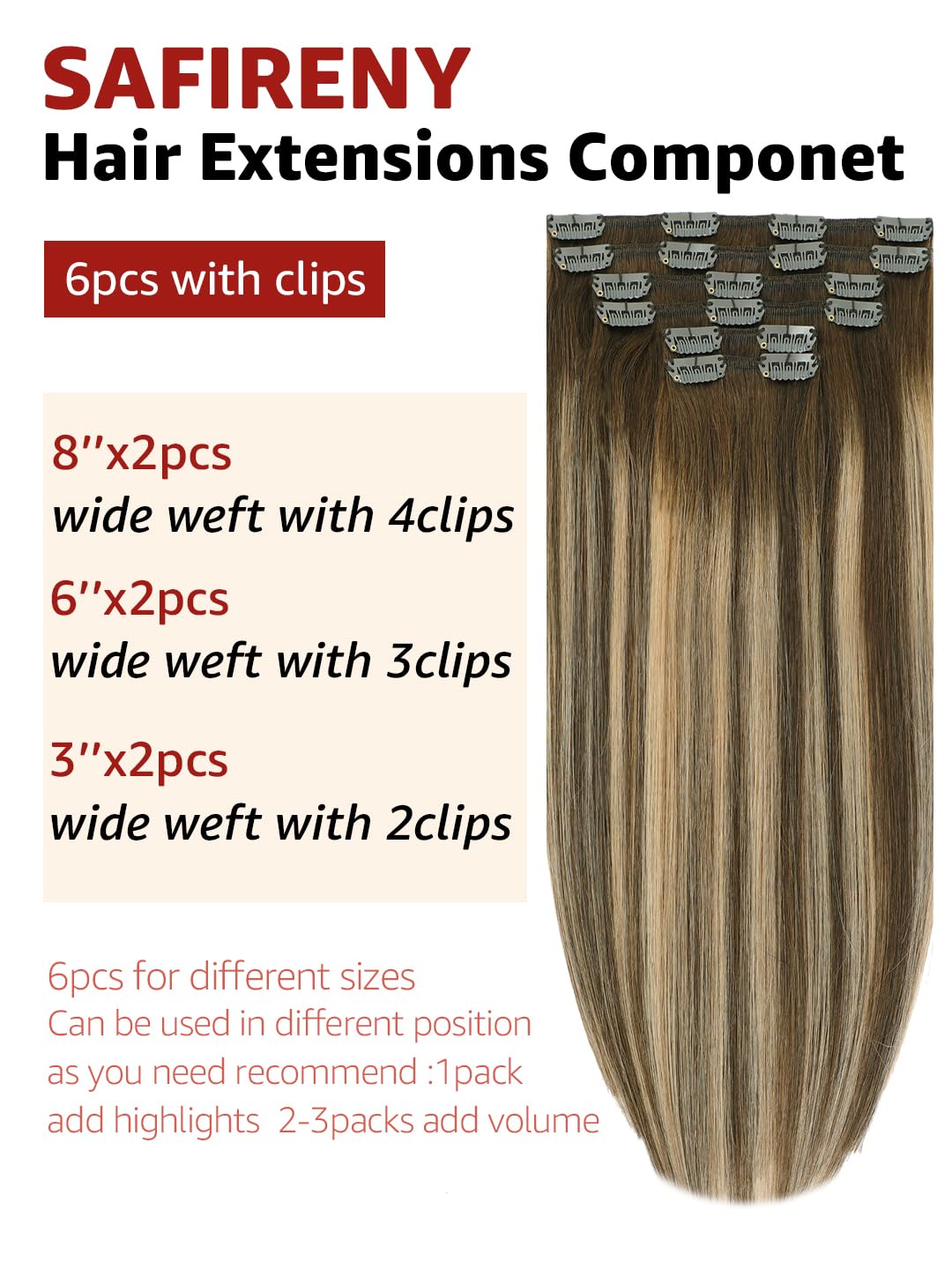 Clip in Hair Extensions Real Human Hair Balayage Chocolate Brown To Caramel Blonde 14 Inch 100g Natural Straight Clip On Hair Extensions 6pcs Per Set with 18 Clips (#4/27/4,14")