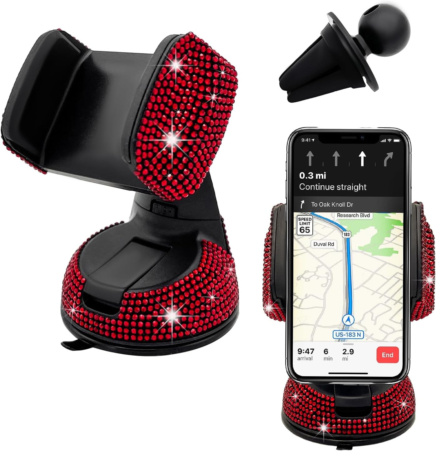 Bling Car Phone Holder, 360 Degree Adjustable Crystal Auto Dashboard Air Vent Cell Phone Mount, Universal Car Phone Holder Mount for Windshield Dashboard and Air Outlet (Red)