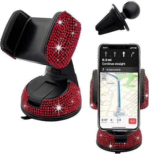 Suvnie Bling - Soporte de teléfono para automóvil, 360 grados ajustable de cristal para salpicadero de automóvil, ventilación de aire, soporte