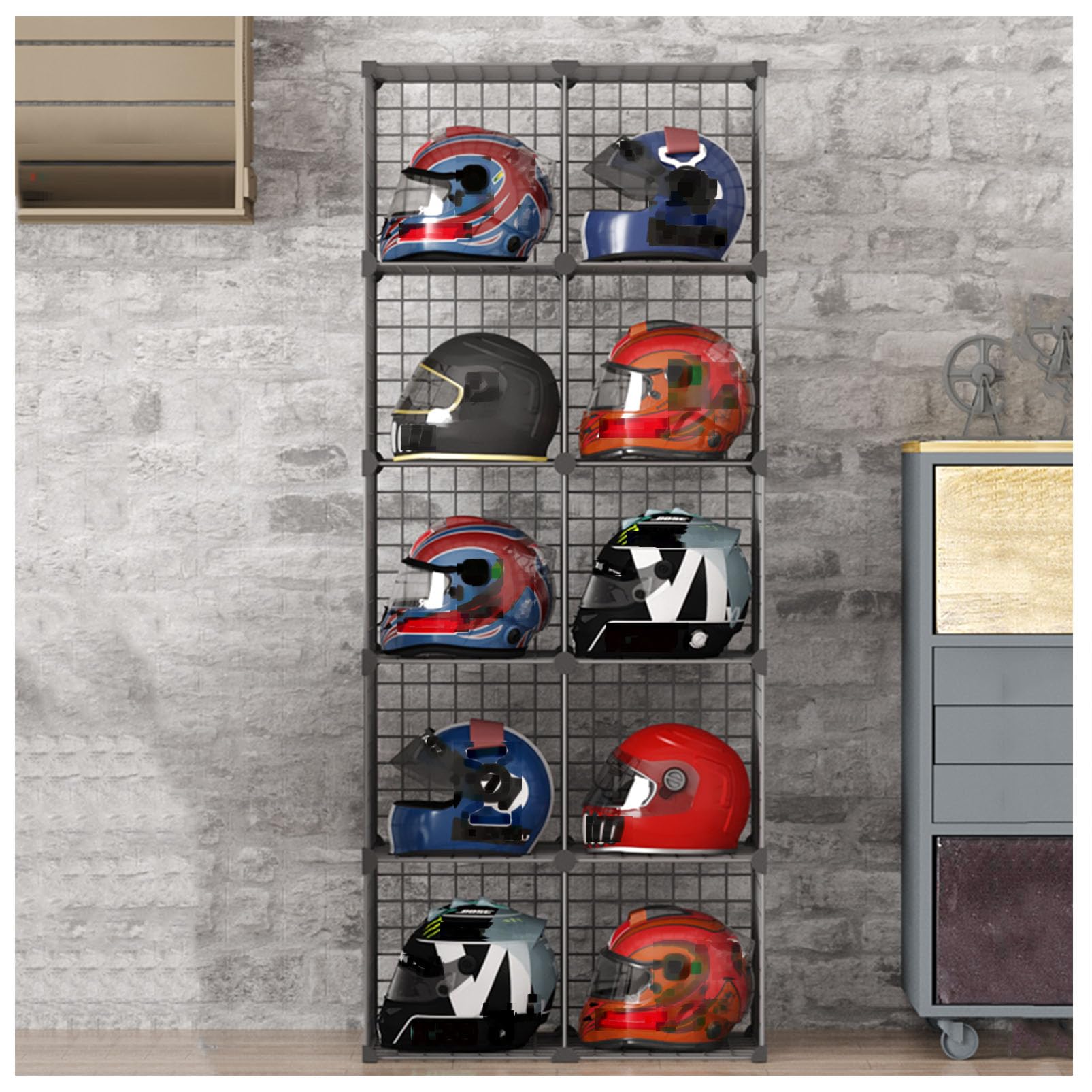 Soporte metálico para cascos de motocicleta, vitrina para sombreros, estante apilable para gorras, contenedores de almacenamiento de rejilla de alambre, percheros, librería, cubo rígido, bolsa para z