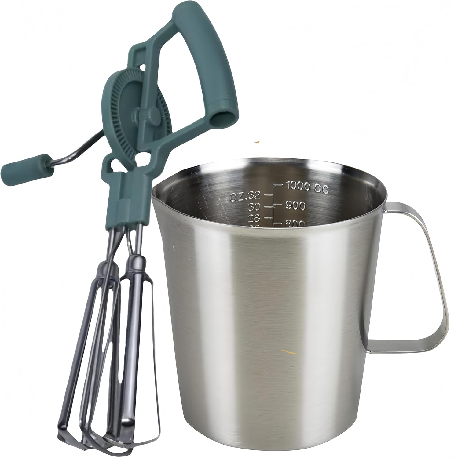 Rotary Hand Crank Egg Beater with Stainless Steel Measuring Pitcher Combo Set, Double Head Manual Whisk Whipping with 4-Cup Jug for Cooking, Baking, Latte Art