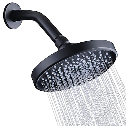 ALEASHA Shower Heads High Pressure Rainfall - 6 Inch Fixed Shower Head - Bulit in flow restrictor - Adjustable Angle for Bath Shower -Matte Black (1.8 GPM)