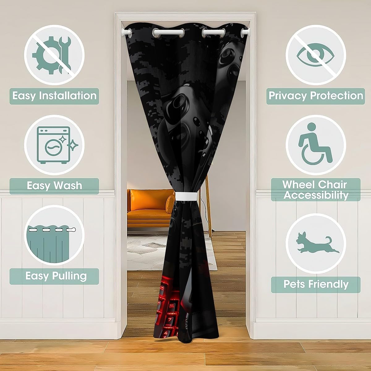 Gaming Gamepad Kids Door Curtain,Camo Keyboard Headphone Blackout Curtain Bedroom Doorway Living Room,Camoflage Videogames Controller Console Black Privacy Door Drape 1 Panel,34" W X 80" L image 3