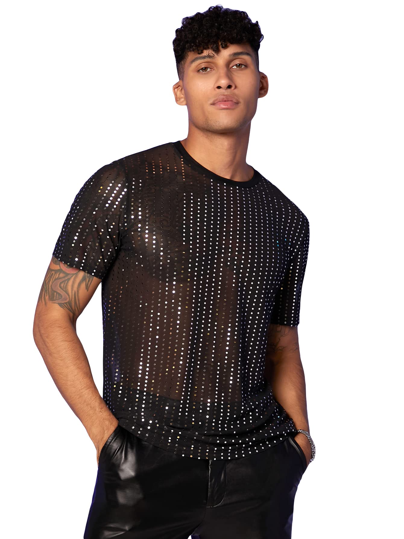 FloernsMen's Rhinestone Sheer Mesh Short Sleeve Clubwear Party Tee Shirt