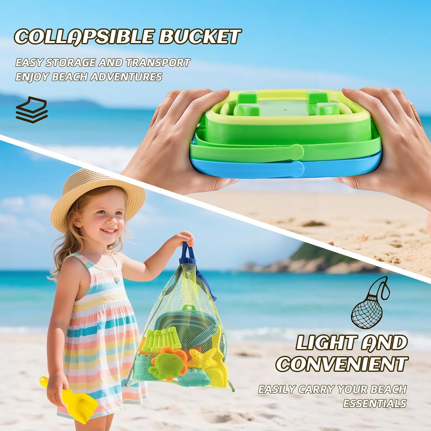Collapsible Beach Toys Set for Kids,Sand Bucket Shovel, Rake, Mesh Bag 4 Molds & Castle Building Set for Beach Travel,Sandbox Toys, Foldable Beach Essentials for Toddlers 3-10(Blue&Green)