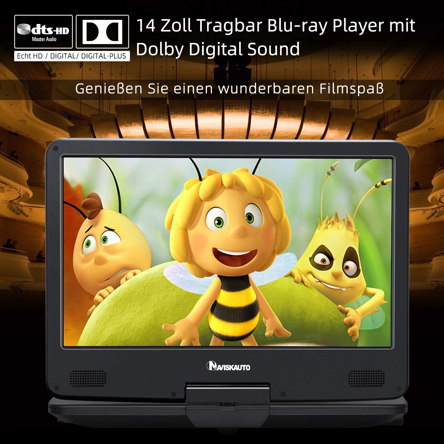 NAVISKAUTO 15,4 Zoll Tragbarer Blu Ray DVD Player Mit HDMI Kabel, 270 ° drehbar HD 1920x1080, Blue Ray Player Tragbar Inklusive wiederaufladbarem 4000 mAh Akku USB/SD