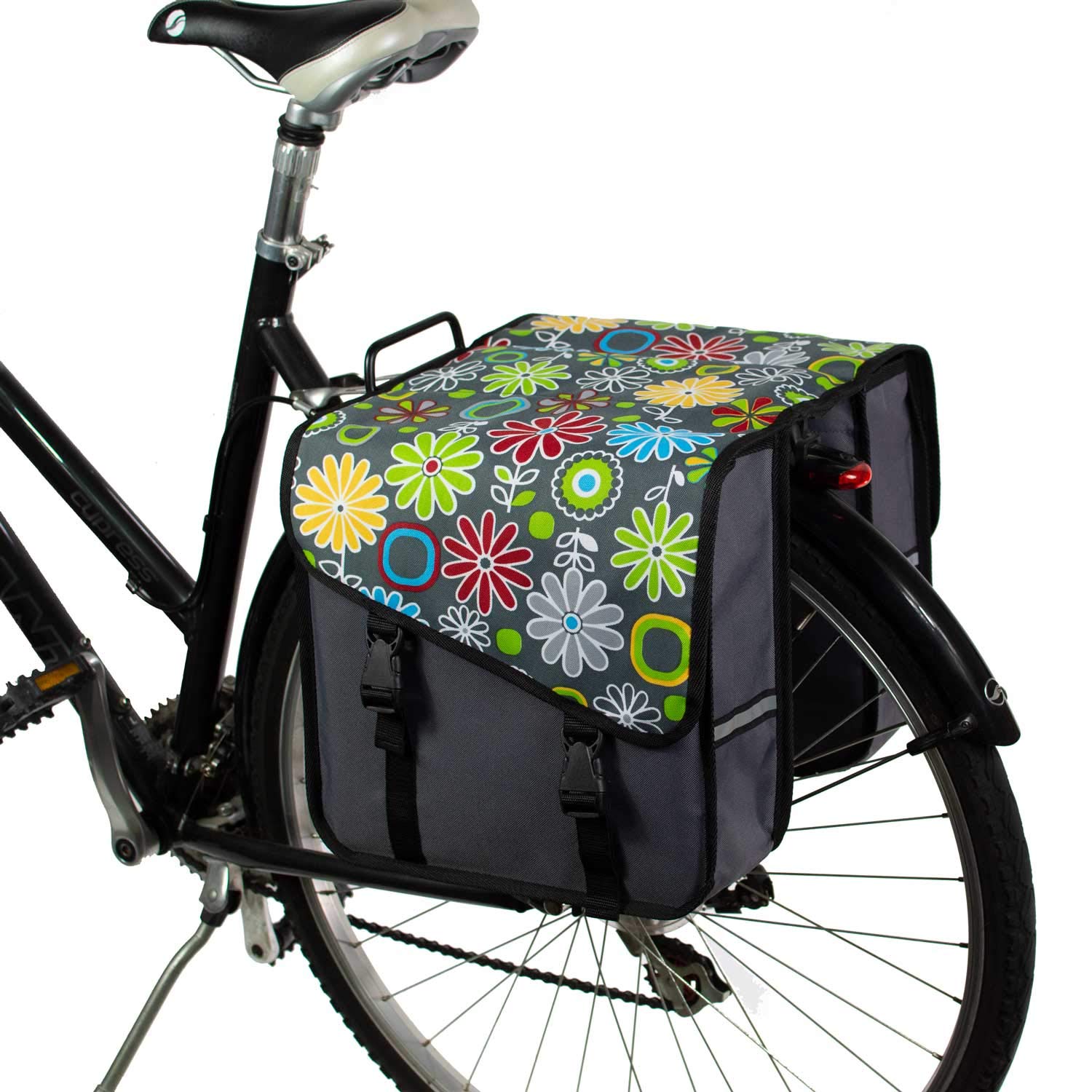 Classic CS Fahrradtasche für Gepäckträger - Doppeltasche 26L (2x13L) mit Schrägklappe, Wasserabweisend (Graue Gänseblümchen)