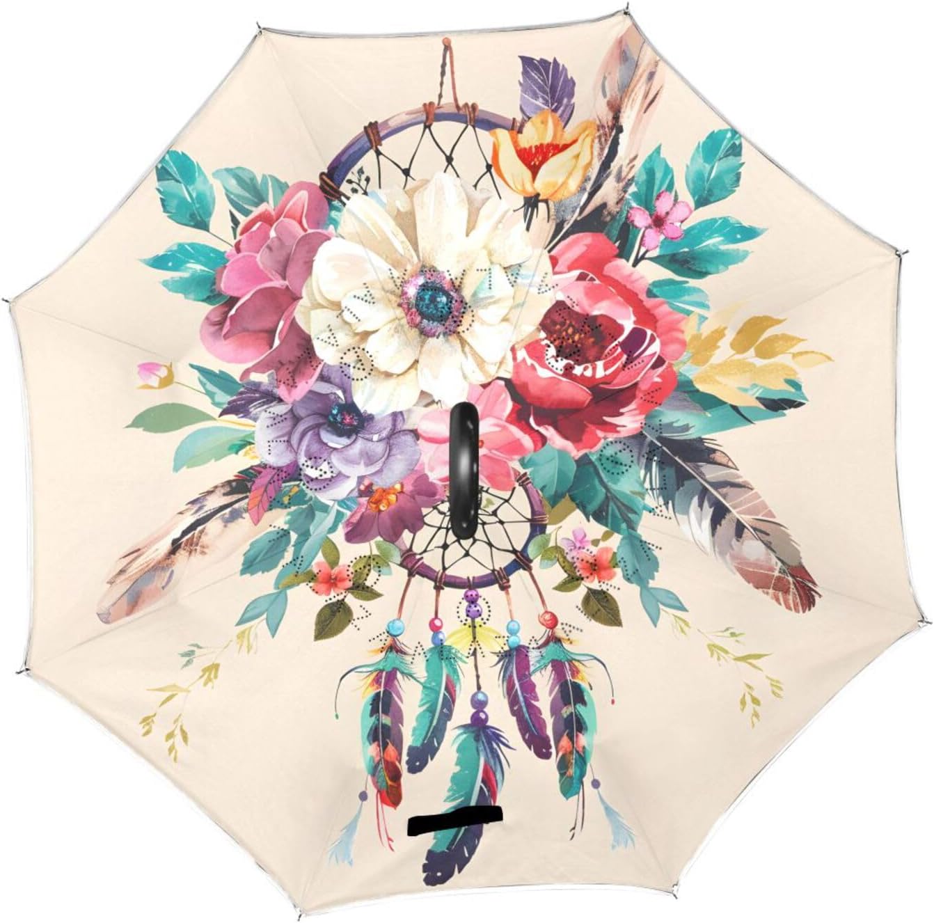 Dreamcatcher Flowers Floral Inverted Umbrellas for Rain Windproof Reverse Upside Down Golf Umbrella with C-shape Handle for Men Women
