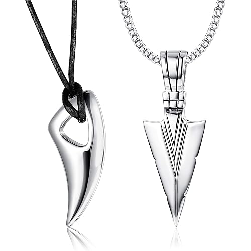 Jstyle 2Pcs Stainless Steel Pendant Necklace for Mens Spearpoint Arrowhead Wolf Teeth Pendant Chain Necklace Set