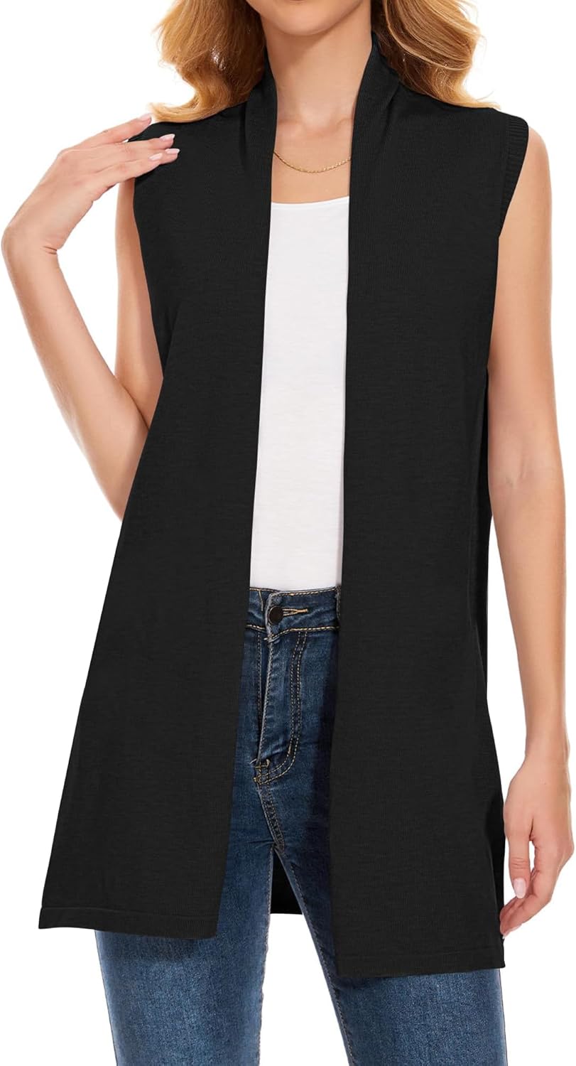 Women's Long Knit Cardigans Ribbed Sleeveless Sweater Casual Outwear Open Front Draped Duster Vest