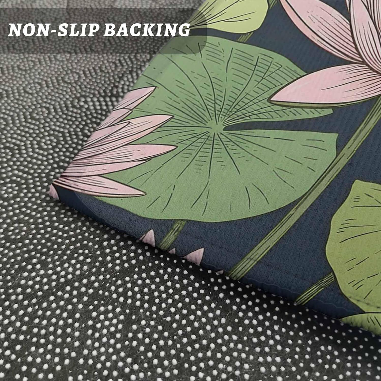 Teamery Kitchen Mats for Floor Pink Lotus Water Lily Dark Green Leaves Washable Non Slip Kitchen Rugs 1PCS, Oriental Style Absorbent Standing Mats for Sink Bathroom Office Living Room 23.6x70.9in