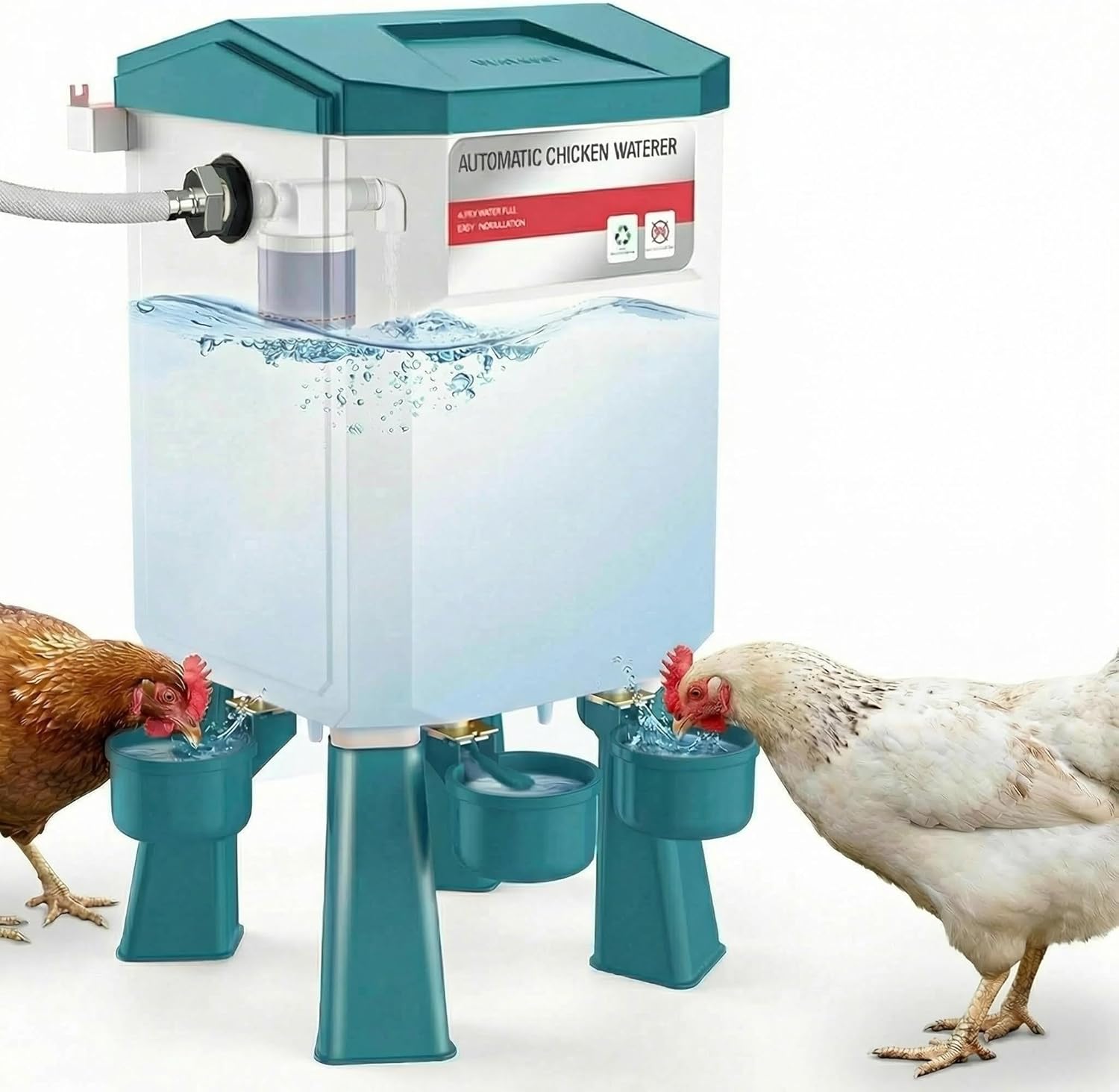 2 Gallon Automatic Chicken Waterer with Float Control, Hanging & Standing Poultry Water Feeder for Chickens, Ducks, Quail, Connect to 3/4'' Faucet & Hose, Easy Installation & Reliable Supply