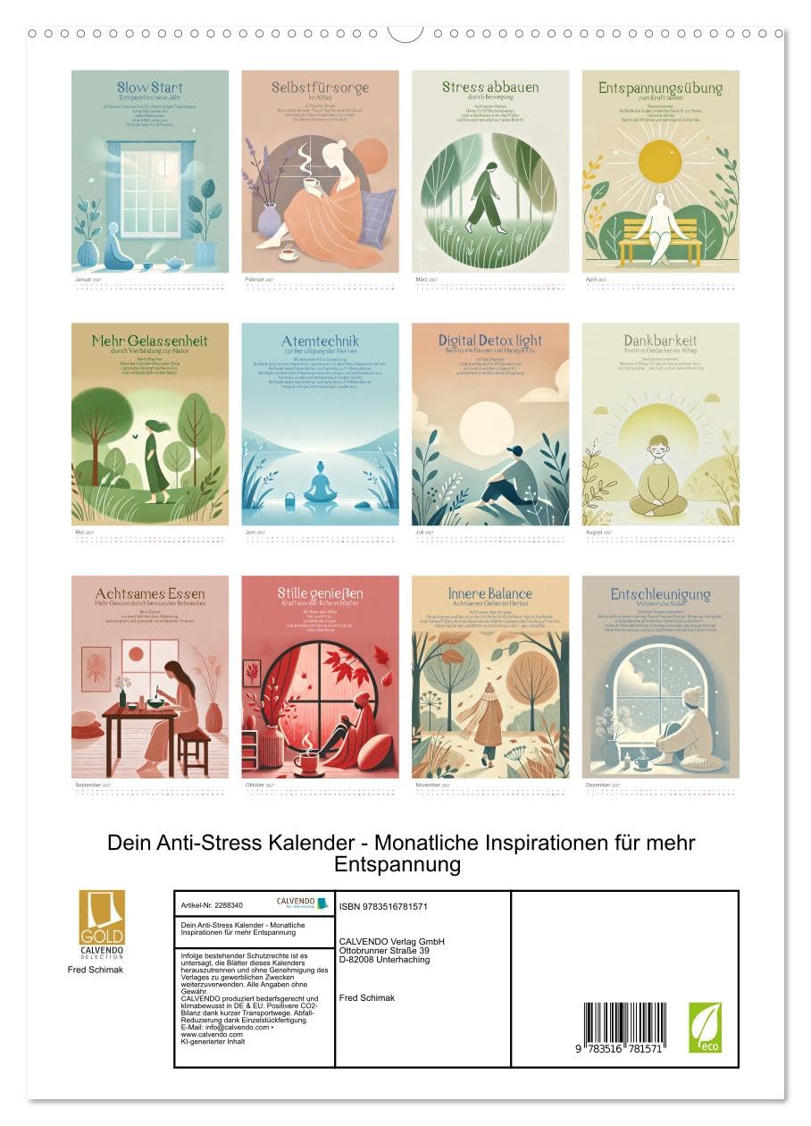 Dein Anti-Stress Kalender - Monatliche Inspirationen für mehr Entspannung (hochwertiger Premium Wandkalender 2027 DIN A2 hoch), Kunstdruck in ... weniger Stress! (CALVENDO Gesundheit)