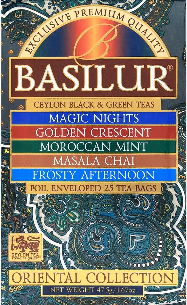 BasilurOriental Collection - Assorted | Flavoured Black & Green Ceylon Tea | 25 Tea Bags | 5 Blends: Masala Chai, Moroccan Mint, Frosty Afternoon, Golden Crescent & Magic Nights