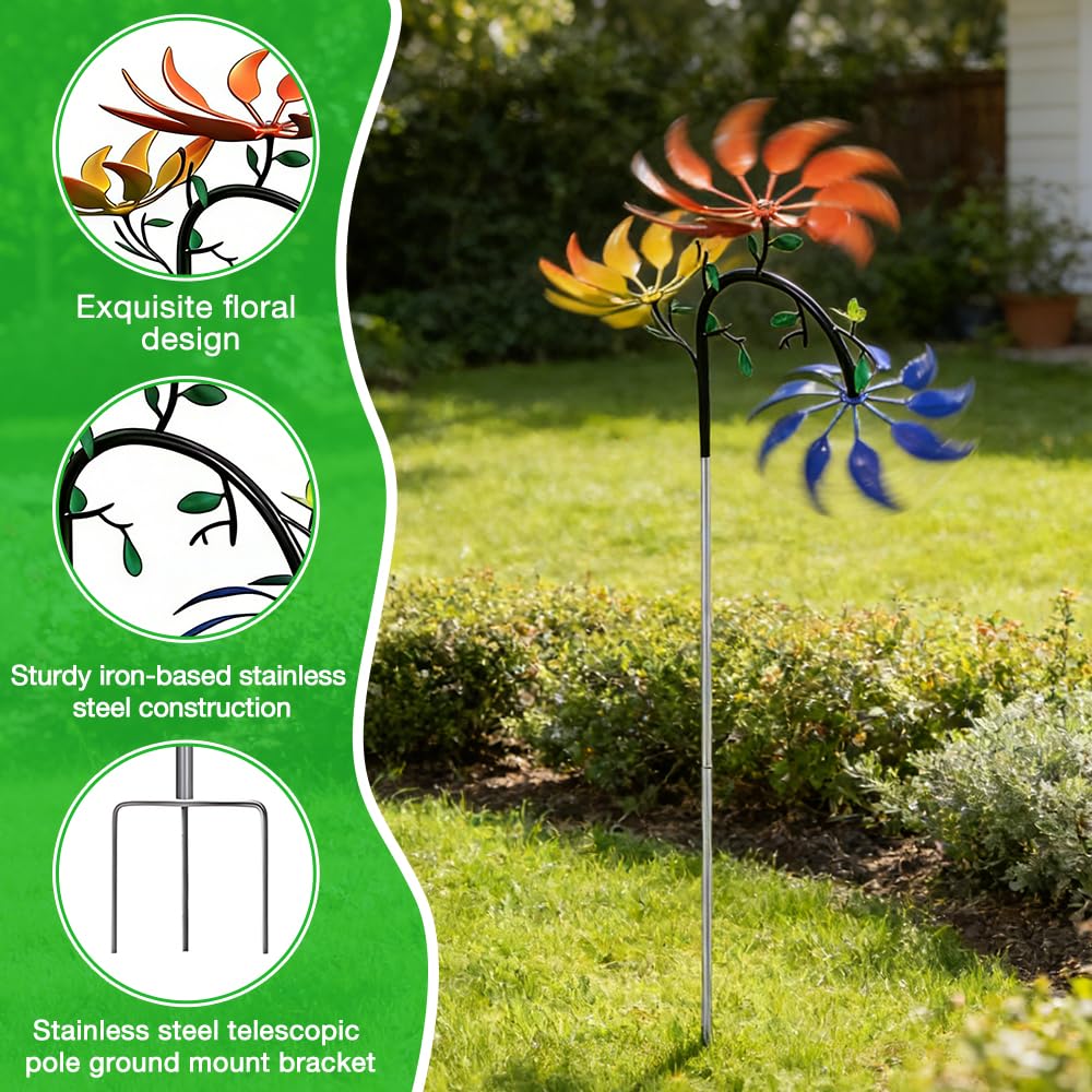 Mulino a Vento Cinetico, NAVESO Girandola a Vento con Fiore Rotante, Girandole da Giardino in Metallo Decorazione per Balconi, Frutteti, Cortili, Tetti