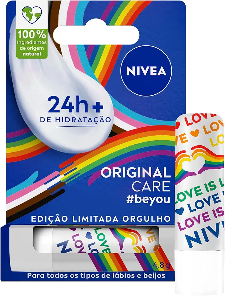 NIVEA Hidratante Labial Original Care Orgulho 4,8g, Edição Limitada, Hidratação Intensa 24h, Protege contra Ressecamento, Cuidado Diário, Manteiga de Karité