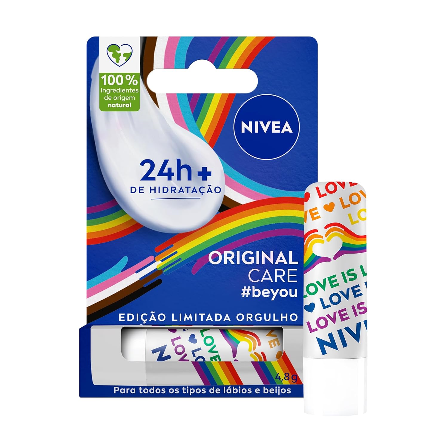 NIVEA Hidratante Labial Original Care Orgulho 4,8g, Edição Limitada, Hidratação Intensa 24h, Protege contra Ressecamento, Cuidado Diário, Manteiga de Karité