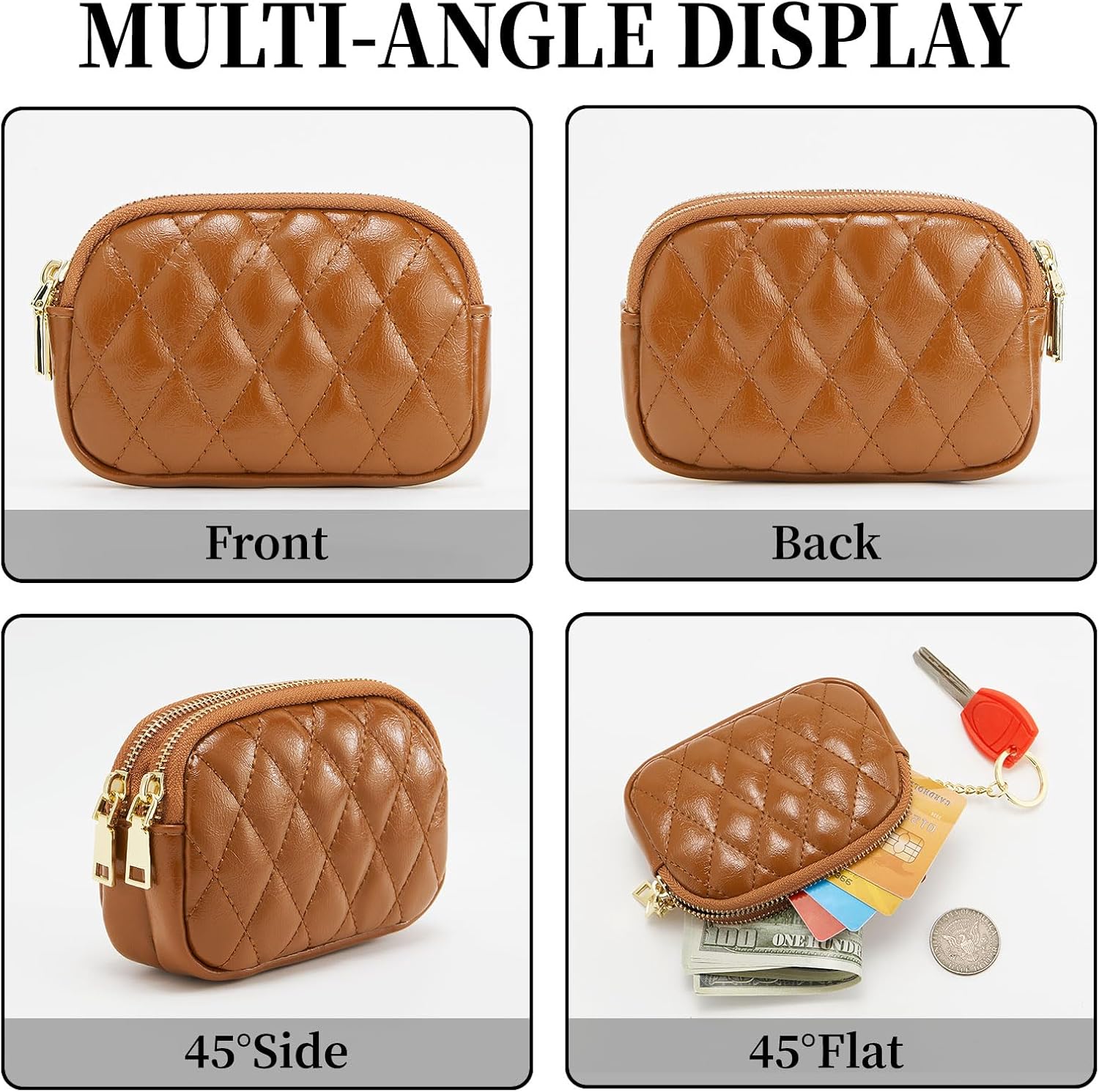 WOZEAH Leather Coin Purse for Women Small 2 Zipper Change Wallet with Key Ring Card Key Coin Cash Holder Pouch(Quilted Brown) - Image 5