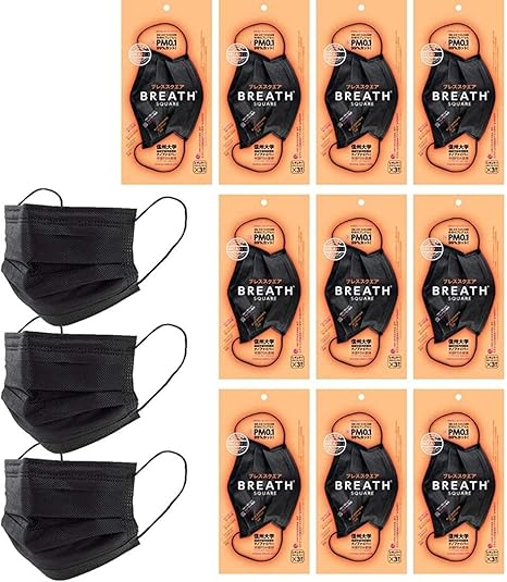Amazon 3枚入 10袋 正規輸入品 不織布 黒マスク ブレスシルバー マスク ブレススクエア Breath Silver Square ナノマスク 大きめ 小顔 おしゃれ 使い捨て 韓国製 花粉症対策 Breath Silver Mask 布マスク