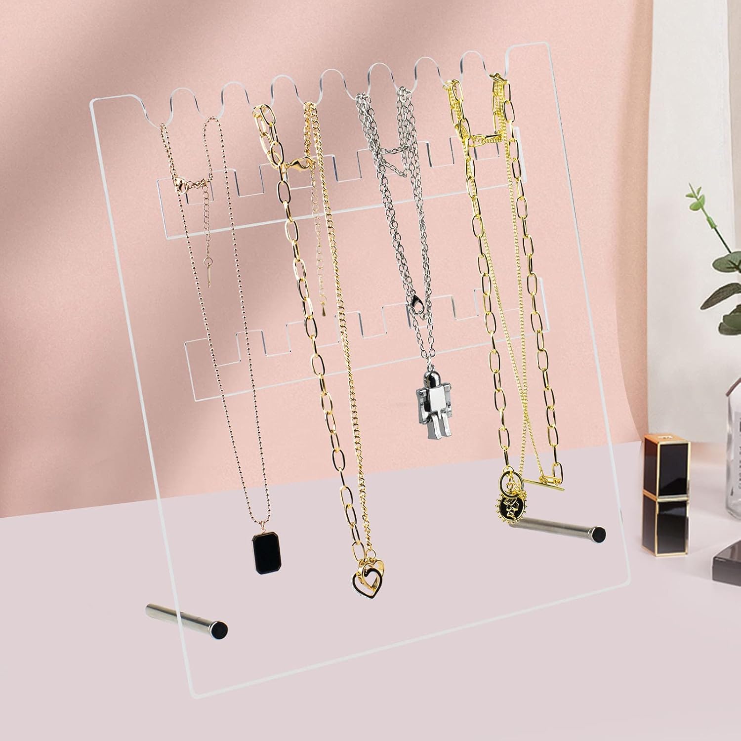 Funtygy Necklace Holder Organizer Acrylic Necklace Stand, Clear Jewelry Storage Display Rack, 7 Hooks for Necklaces: Home Improvement