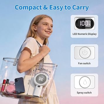 BQSS Handheld Misting Fan Portable, 4000mAh Rechargeable Misting Fan with LED Display, 5 Speed, 2 Spray Modes, 5-15 Hrs Runtime, Hand & Desk Portable Misting Fan for Travel Home Office Outdoor White