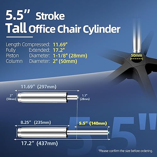 Miniatura 2 de Reemplazo del cilindro de elevación de gas para silla de oficina de 11 a 17 pulgadas, cilindro de silla alta de 5.5 pulgadas de carrera, pistón de