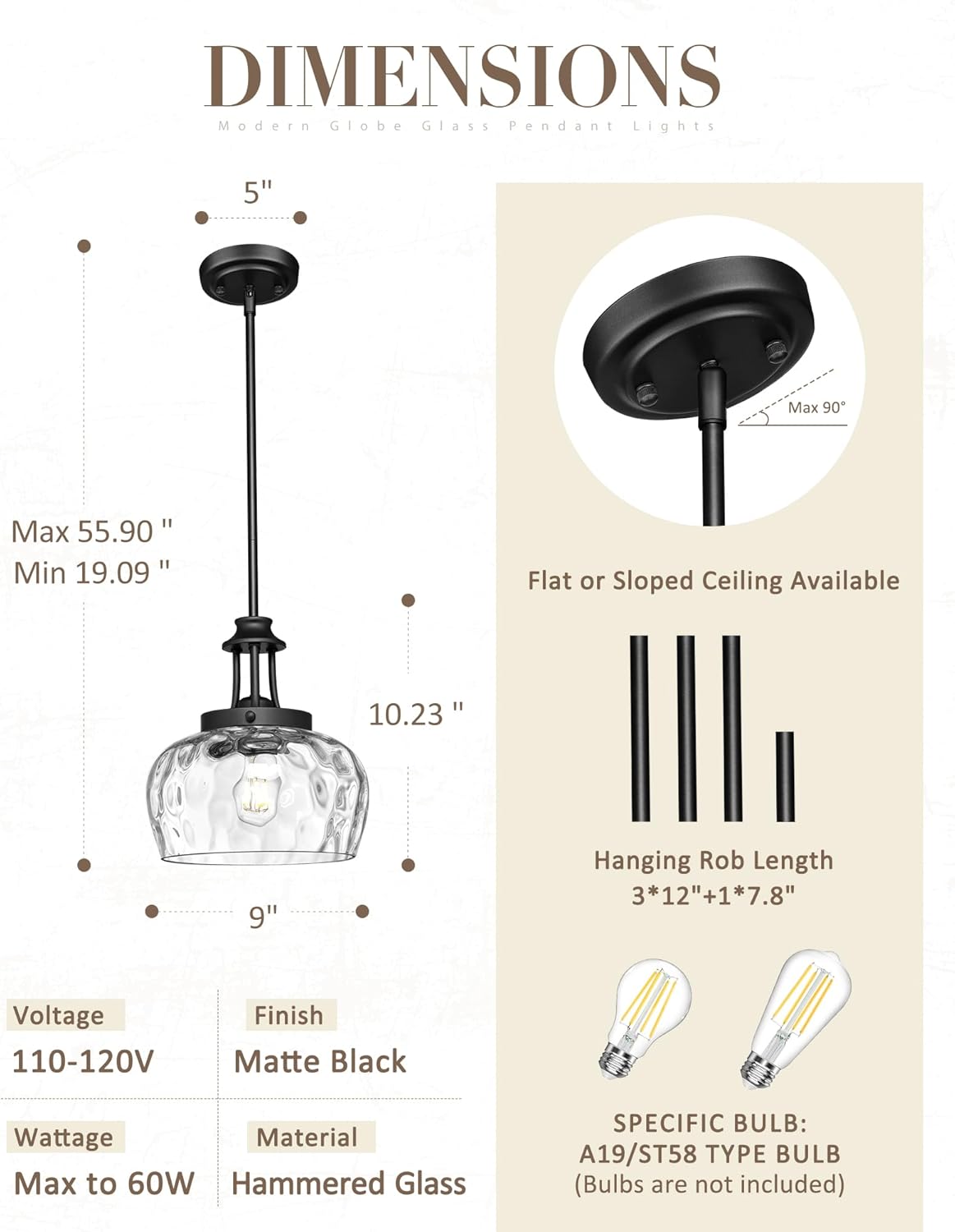 9 Inch Modern Farmhouse Pendant for Kitchen Island, Adjustable Height Hanging Fixture with Ribbed Glass,Matte Black, Dining Room Entryway,1 Pack,PL109BK-L