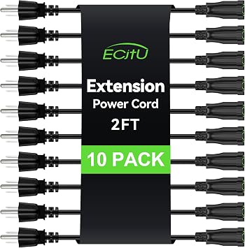 Power Extension Cord 2FT/24Inch10 Pack, Short 3 Prong Electric Extension Cable Outlet Saver, Single Outlet, Heavy Duty, Waterproof, Flexible, 16 AWG, 13A 125V, Extender Wires with 15 Cable Ties