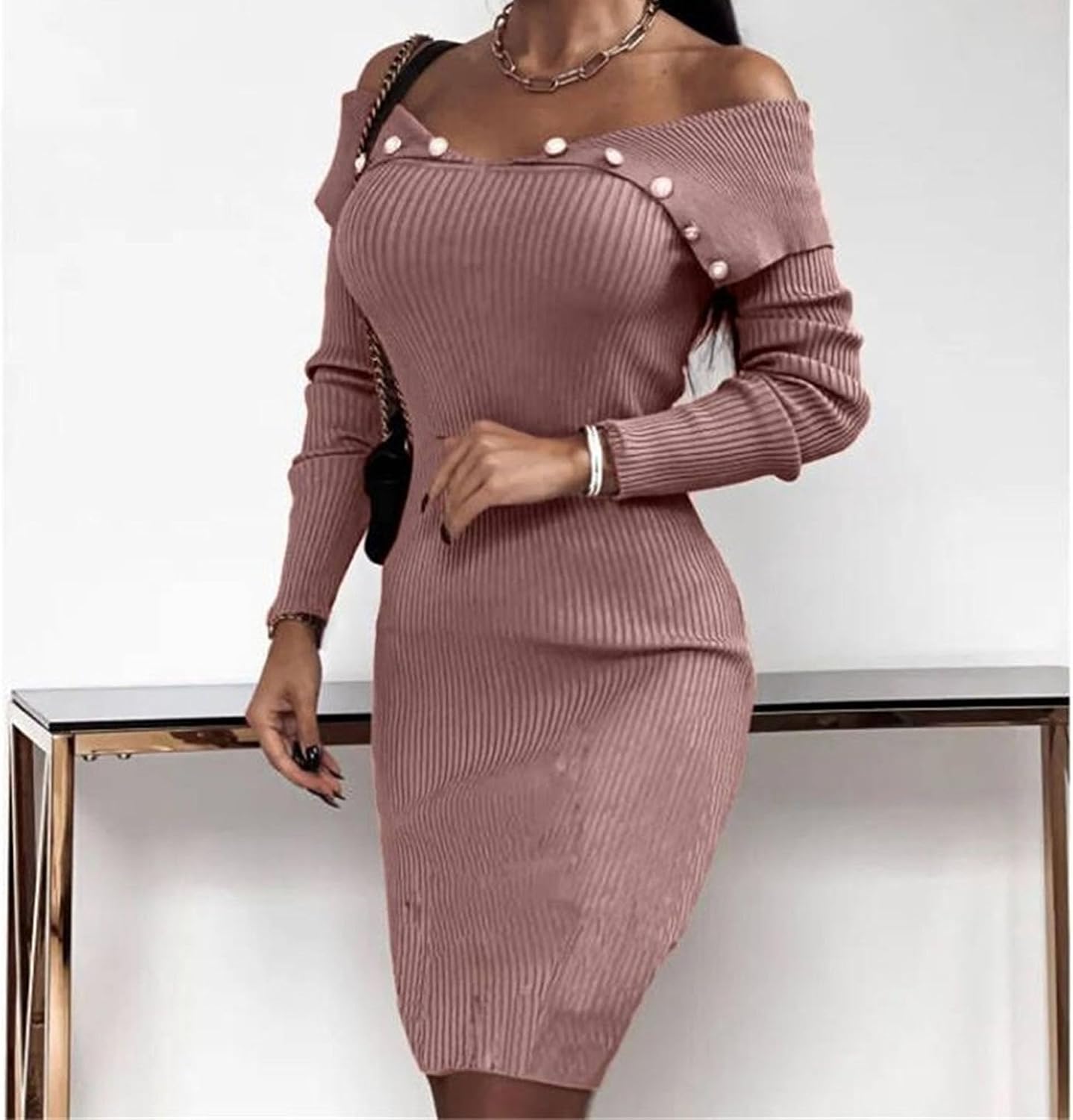 Generic Women's Long Sleeve Button V Neck Sweater Dress Off-Shoulder Ribbed Bodycon Dress Casual Fall Loose Knit Maxi Dress